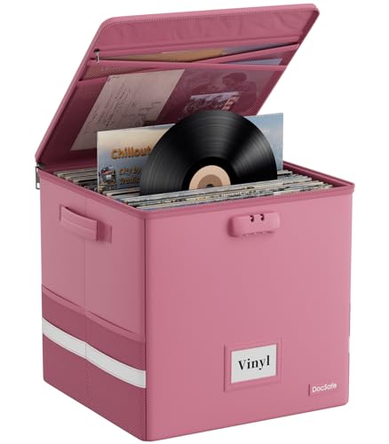 DocSafe Vinyl Record Storage Box with Lock,Fireproof＆Water Resistant Record Organizer Storage for 100+ Single Records(12-inch),Collapsible Storage Crate with Lid&Handles for Valuable Album Collection