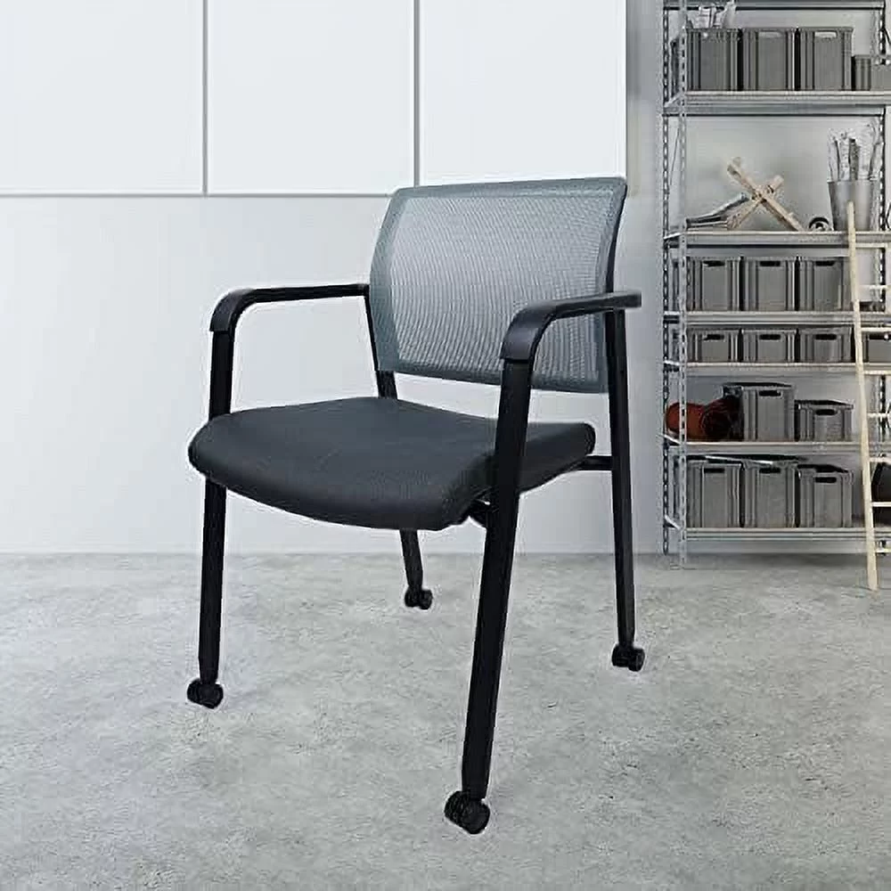 Mesh Back Guest Reception Arm Chairs With Wheels, Waiting Room Chairs With Upholstered Fabric Seat And Ergonomic Lumbar Support For Office Conference School Church Grey