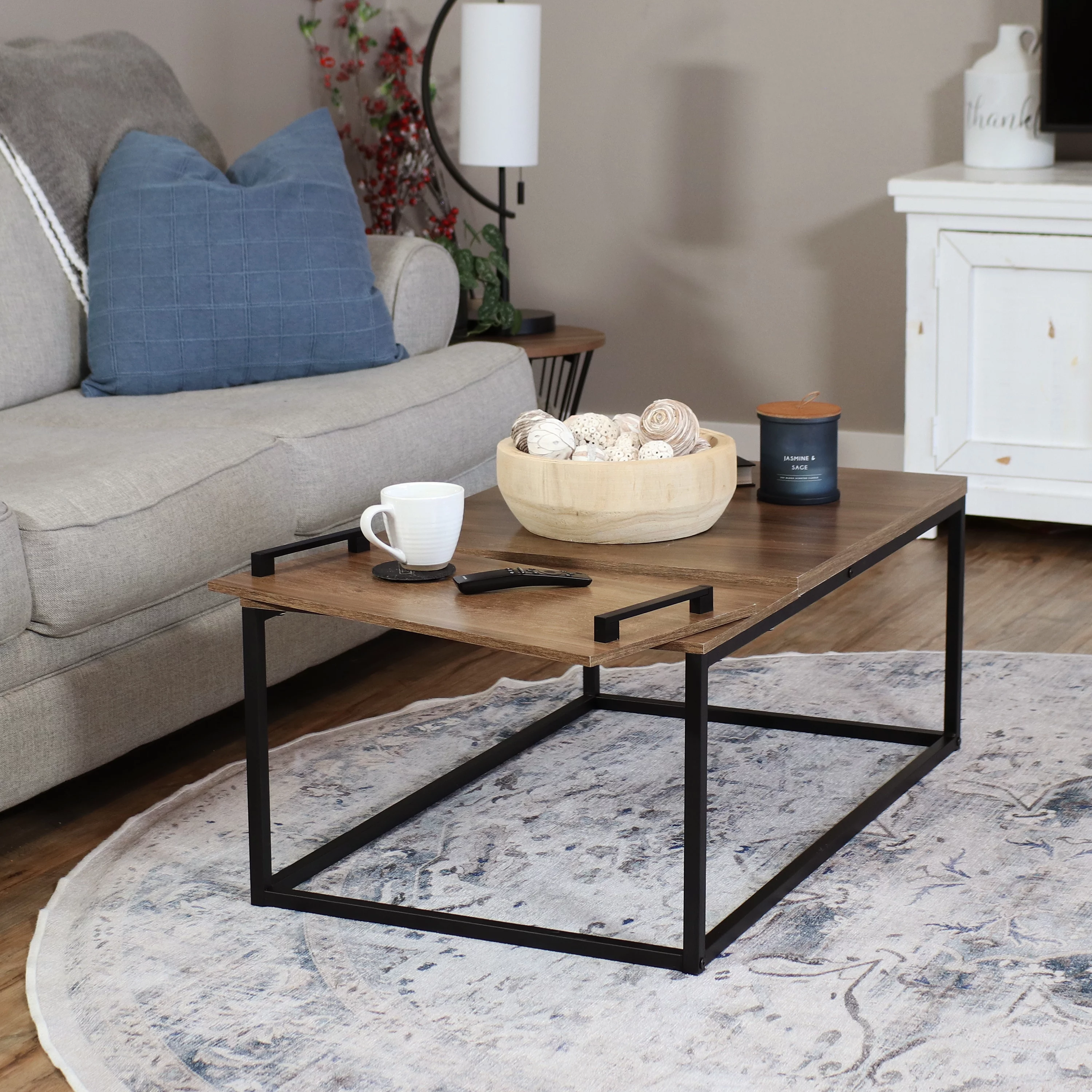Sunnydaze Industrial-Style Coffee Table with Removable Serving Tray - MDP Construction with Powder-Coated Steel Frame - Brown