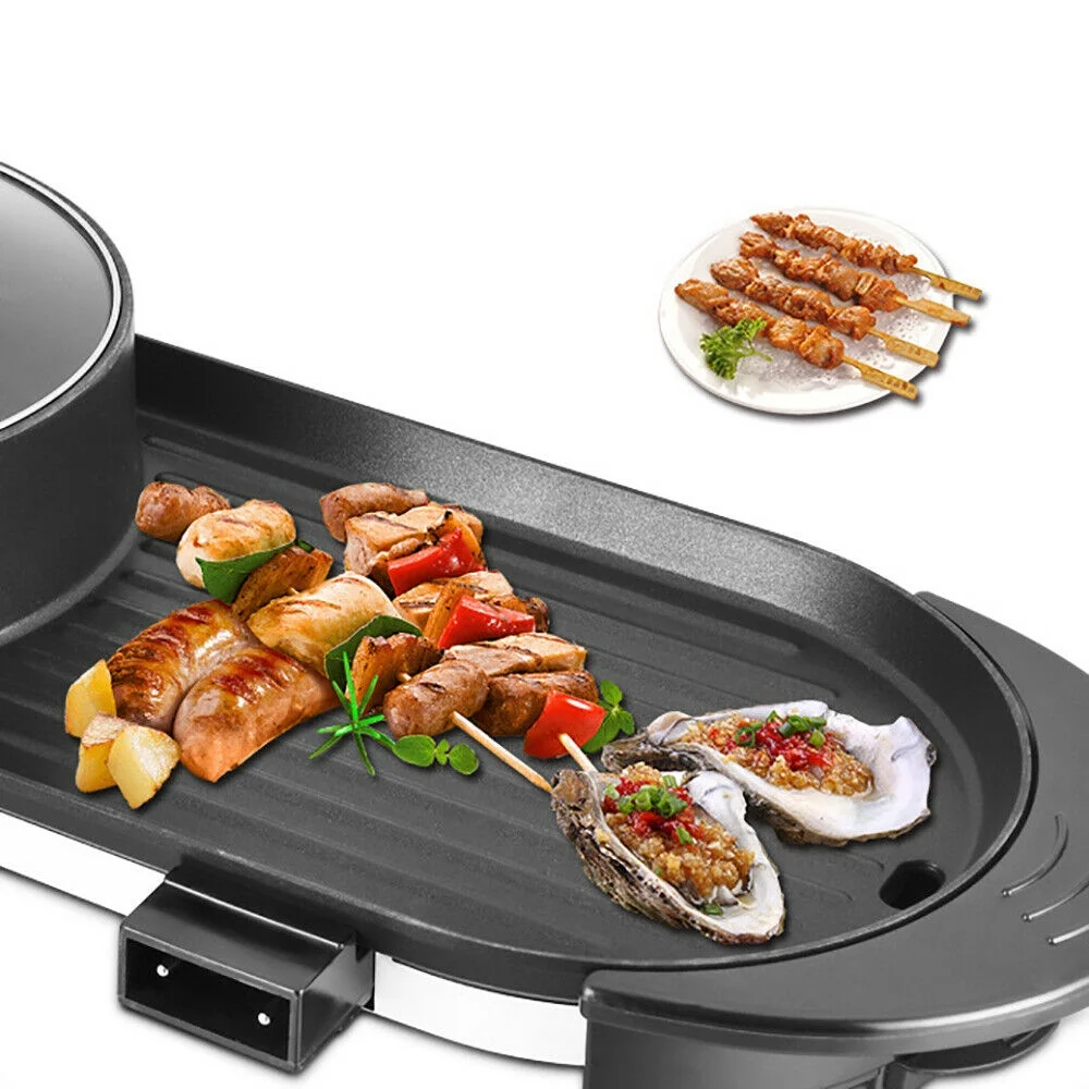 2 in 1 Electric Hot Pot Barbecue Grill Smokeless Grill BBQ Teppanyaki Shabu Pot Non-Stick Pan