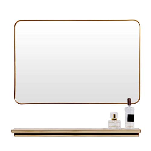 Mirror Bathroom Wall-Mounted Makeup Mirror Dressing Table Rectangle Hanging Wall Gold Metal ed Decorative with Modern Stylish Shelf Vanity/Bedroom 70 X 50Cm