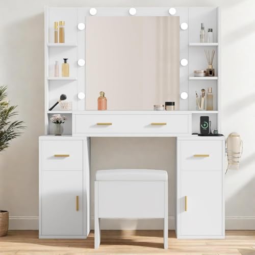 YITAHOME Vanity Desk with Mirror, Makeup Vanity Set with LED Lights and Power Outlet, Dressing Table with Drawers, Shelves, Cabinet, Storage Bench, 3 Color Modes Available, Snow White