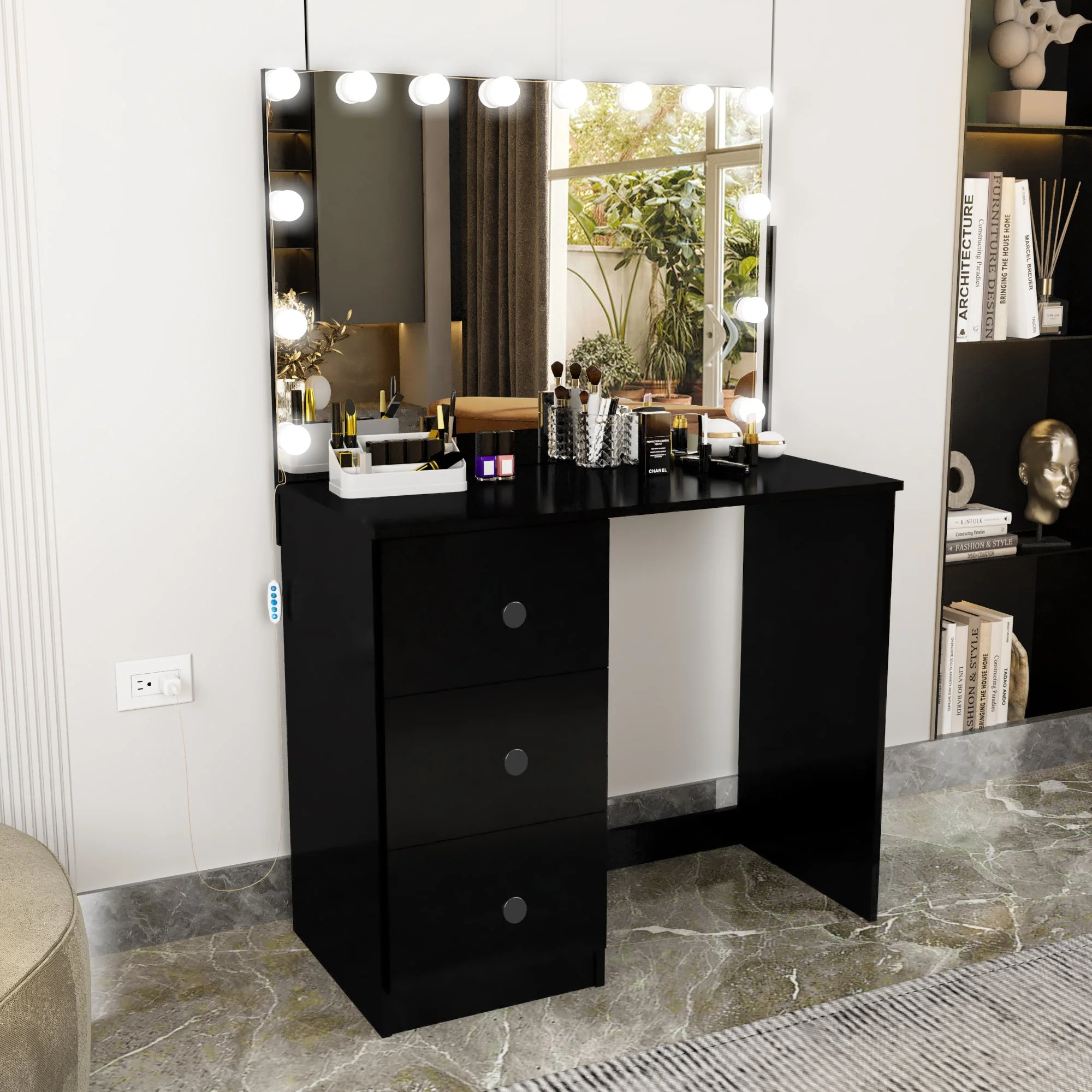 Ember Interiors Leia Mini Modern Vanity Table Lights, 3 Drawers, Mirror, Black Painted, for Bedroom