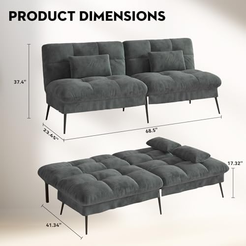 COMHOMA Convertible Futon Sofa Bed, 68″Fabric Futon Couch with Adjustable Backrest, Folding Futon Sleeper Recliner for Living Room Furniture (Black)
