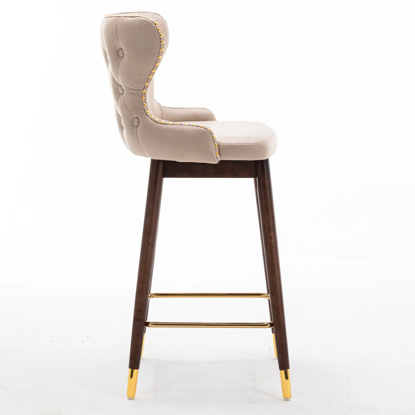 BTMWAY Bar Chairs Set of 2, Modern Upholstered Bar Stools with Gold Nailhead Trim and Solid Wood Legs, Leisure Cushioned Counter Stools with Wing-Back Backrest and Golden Footrest, Beige