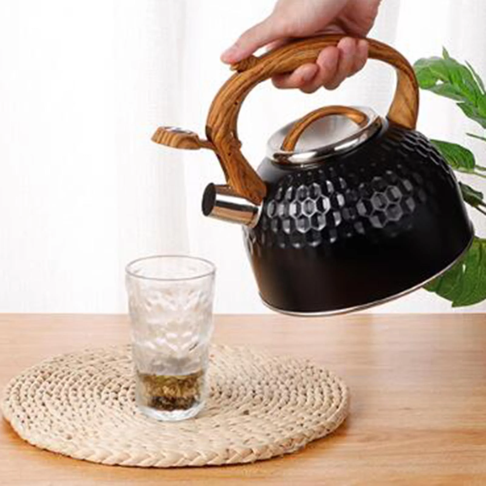 2500ml Black Stainless Steel Tea Pot Whistling Kettle with Wooden Pattern Handle