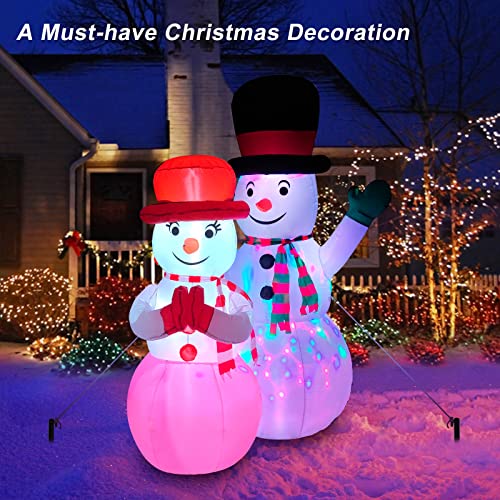 FirstE 7 FT Inflatables Snowman, St Patrick's Giant Blow Up Snowman Couple Built-in Rotating Colorful LED Light, Wear Magic Hats and Striped Scarfs, Decor for Outdoor, Yard, Lawn