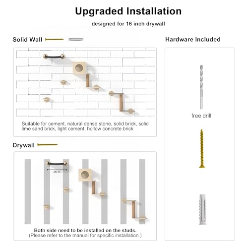 FUKUMARU Cat Wall Shelves, 5-Piece Stable Wooden Wall-Mounted Furniture Set, Kitty Climber with Hammock, House, Steps, Scratching Post (Gray)