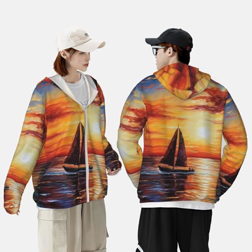 UPF 50+ Sunset Sailboat Sun Protection Hoodie Jacket Quick Dry Rash Guard Long Sleeve Sun Shirt