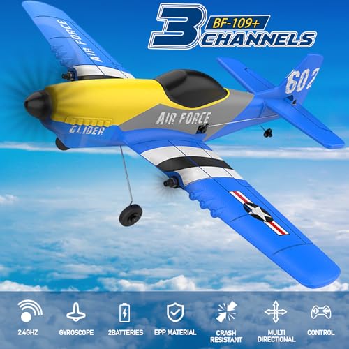 RC Plane, 3 Channel RC Airplane 2.4GHz with 2 Batteries 6-axis Gyro Stabilizer, Easy to Fly for Beginners Adults and Kids (P-51D)