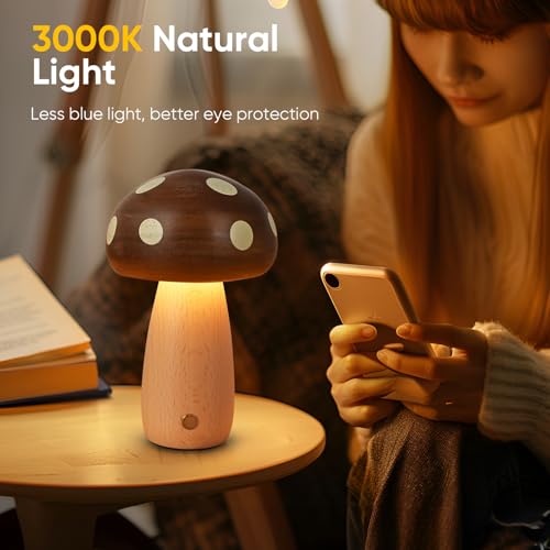 LED Wooden Mushroom Lamp for Bedroom,Portable Cordless Touch Switch Small Rechargeable Battery Operated Lamp,Stepless Dimming, Night Light for Birthday Gifts