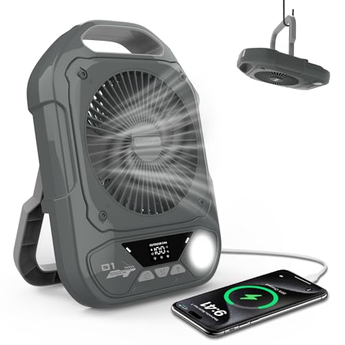 Camping Fan Rechargeable Portable Tent Fans, 20000mAh Battery Powered with LED Lantern, USB-C/Type-C Fast Charging, 5 Speeds Quiet Desk Fan for Outdoor Tent Travel Home Office Bedroom Fishing Beach