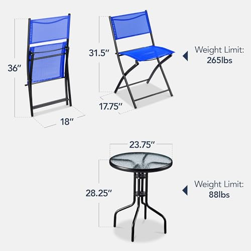 Best Choice Products 3-Piece Patio Bistro Dining Furniture Set w/Glass Tabletop, 2 Folding Chairs, Steel Frame, Polyester Fabric - Gray