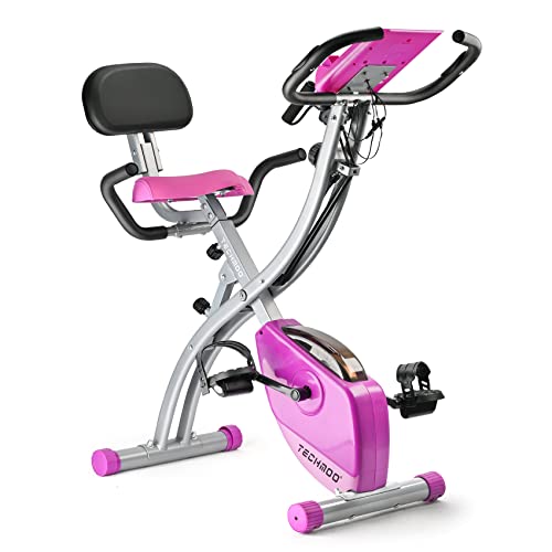 Folding Exercise Bike Portable Upright Adjustable Backrest Cycling Recumbent Stationary Bike Slim Indoor Workout Fitness Cardio Foldable Exercise Bicycle Machine with Pulse Sensor LCD Monitor Arm Resistance Bands