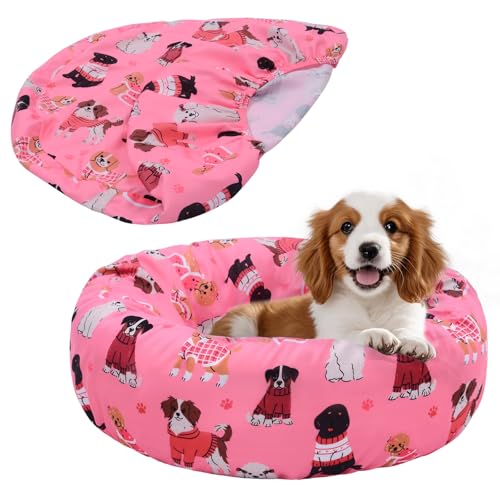 Round Dog Bed Cover Elastic Edged Washable Pet Bed Protector with Christmas Pattern Design for Small & Medium Pet Beds, Covers Only (Christmas Dog, 20 x 9.8 Inch)