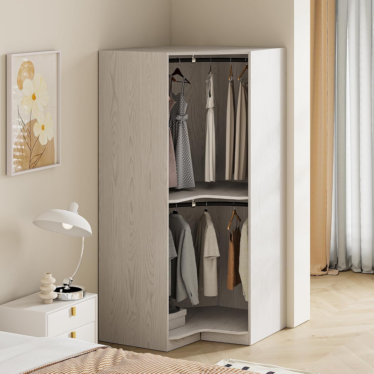 Corner Wardrobe Closet with 2 Hanging Rails and Shelves, Open Style Wooden Clothes Storage Cabinet for Bedroom Office, Polygon Design, 23.6”L x 43.3”W x 63.6”H, Natural