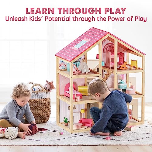 Tiny Land Wooden Dollhouse for Girls - 6 Rooms Wooden Doll House, DIY Pretend Doll House with 31Pcs Furniture Accessories, Creative Gift for Girl Ages 3+, Green