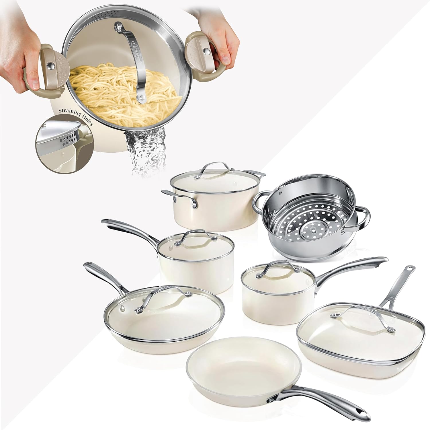 Gotham Steel 12 Pc Ceramic Pots and Pans Set Non Stick with Multipurpose Stock Pot Pasta Pot, Kitchen Cookware Sets, Non Stick Pots and Pan Set, Non Toxic Ceramic Cookware Set, DIshwasher Safe