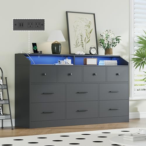 55'' 10-Drawer Dresser with Charging Station & LED Lighting - Farmhouse Wooden Storage Cabinet for Bedroom, Entryway, Office - Space-Saving Multi-Functional Furniture (Black)