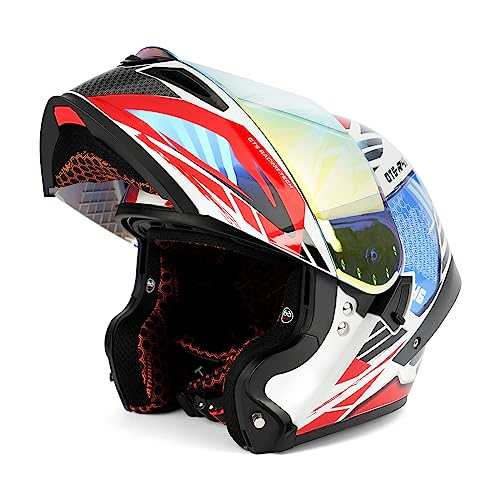Orthrus Modular LED Full Face Motorcycle Helmet - DOT Approved Flip-Up Dual Visor Sun Shield & Bluetooth Ready for Adults Men Women - Street Bike/Motocross (Dobermann Red, XL)