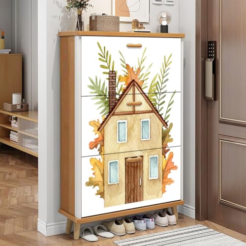 3 Drawer Shoe Cabinet, Artistic Shoe Cabinet, Wooden House Hill Behind House There are Trees Wood Shoe Rack Organizer for Entryway Slim (31.5”W x 9.45”D 46”H)