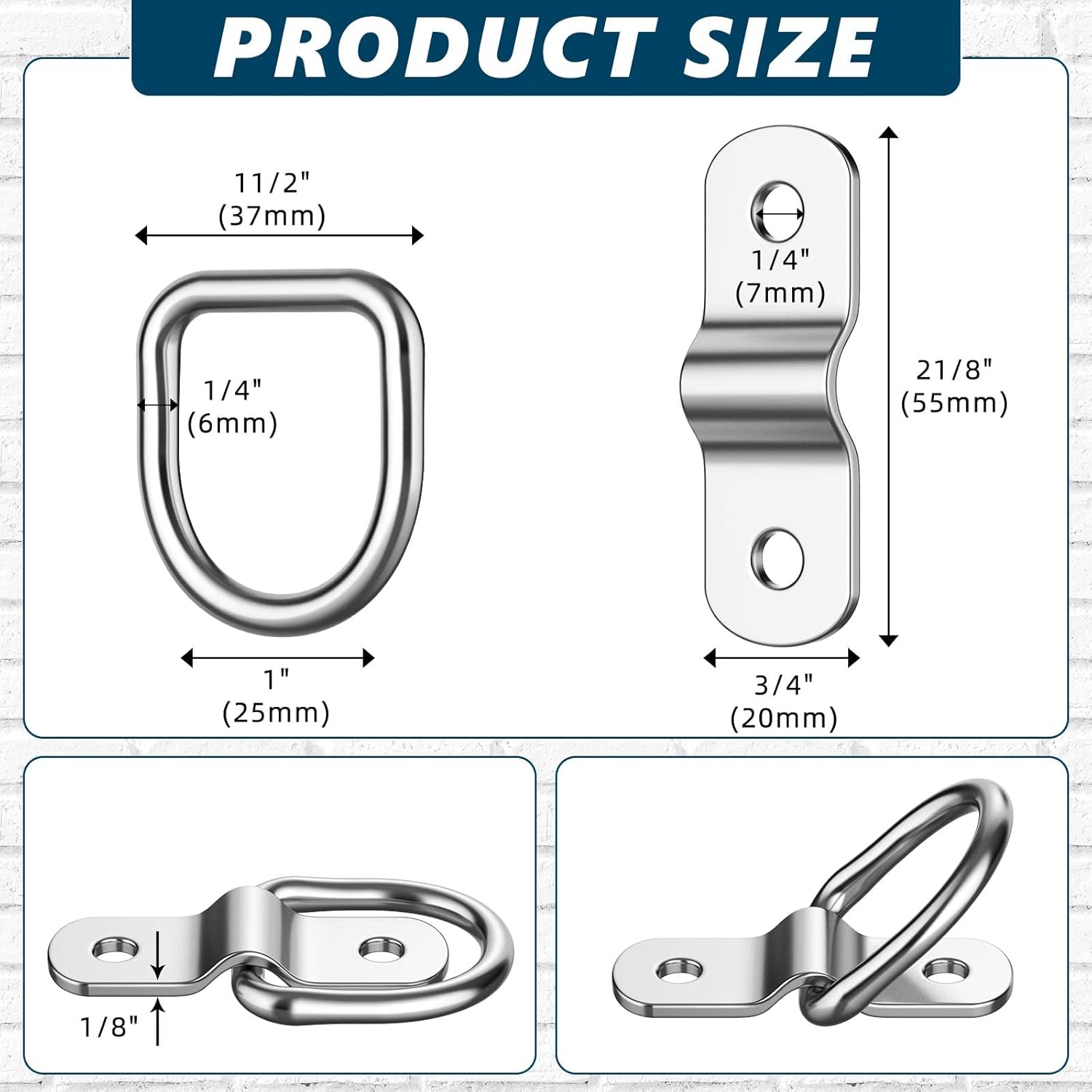 60 Pcs D Rings Tie Down Anchor 1/4 Inch Heavy Duty D Hooks for Trailer Truck Bed 700 Lbs Stainless Steel Trailer Tie Down Rings Surface Mount D Ring Trailer Tie Down Hooks for Truck Boat Motorcycle