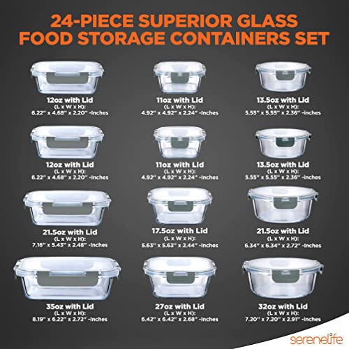 SereneLife 12-Piece Glass Food Storage Containers with Improved Locking Lids - Airtight Glass Meal Prep Set with 12 Containers & 12 Lids - Airtight Bento Boxes, BPA-Free - 11 To 35 Oz. Capacity, Gray