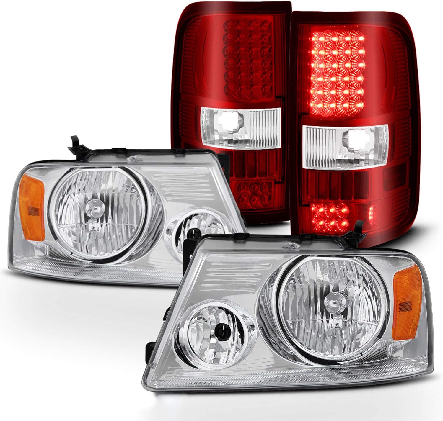 AKKON - Fits 2004-2008 Ford F150 Pickup Chrome Headlights + [Styleside Type] LED Red Clear Tail Brake Lights Pair Left+Right