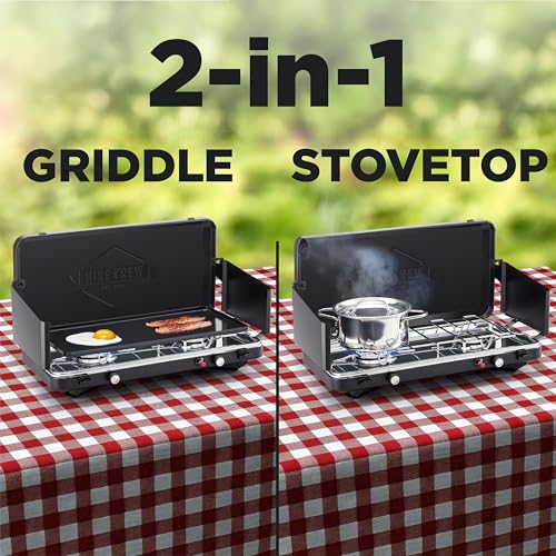 Hike Crew 2-in-1 Gas Camping Stove and Griddle | 20,000 BTU 2 Burner Propane Portable Stovetop w/Griddle Plate | Foldable Legs | Integrated Igniter w/Regulator | Wind Panels & Built-in Carry Handle