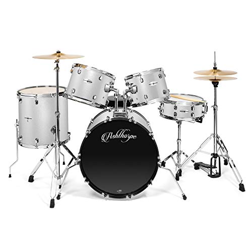 Ashthorpe 5-Piece Full Size Adult Drum Set with Remo Heads & Premium Brass Cymbals - Complete Professional Percussion Kit with Chrome Hardware - Silver