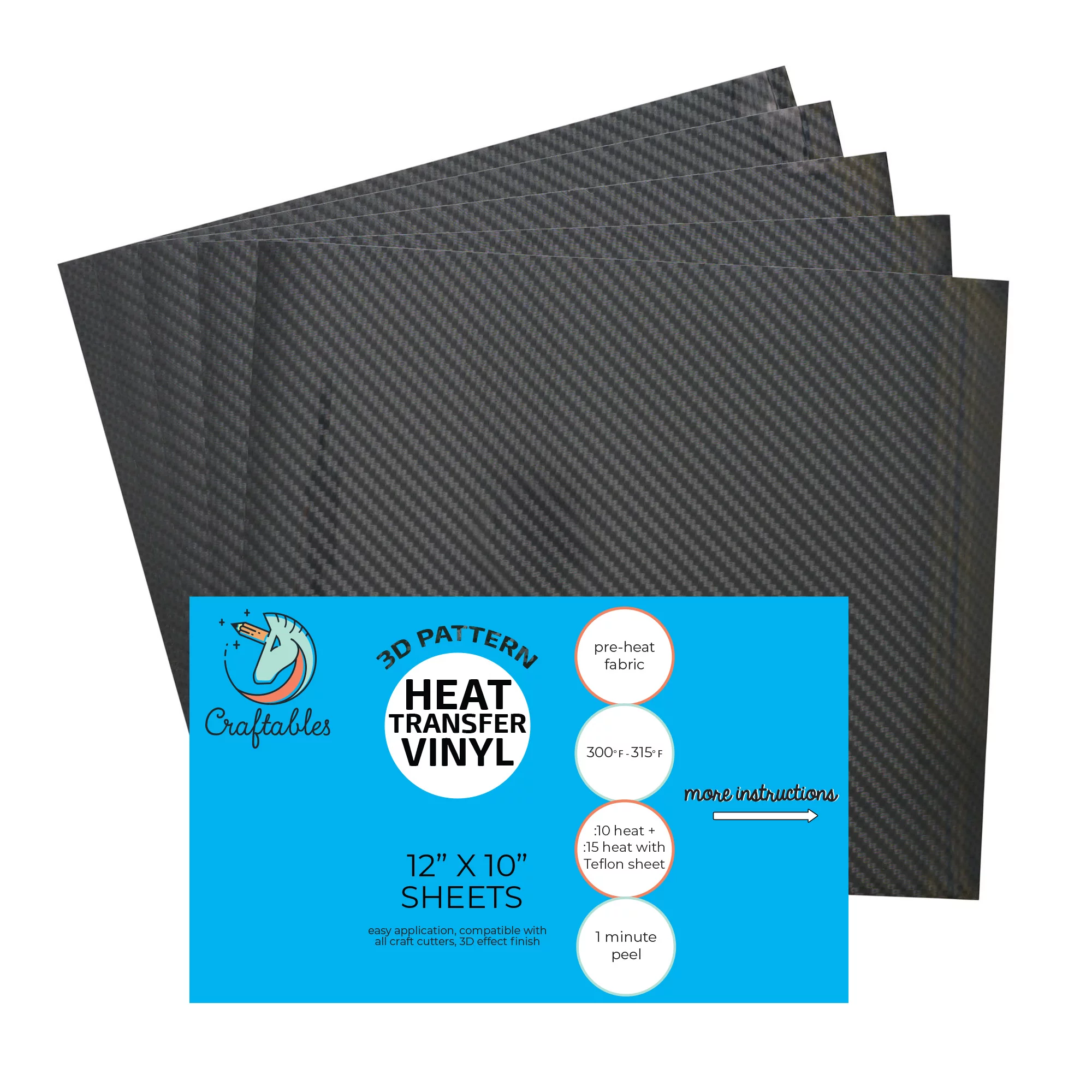 Craftables 3D Premium Carbon Fiber Pattern Iron on Vinyl HTV Vinyl 5 Sheets for Cricut, Silhouette