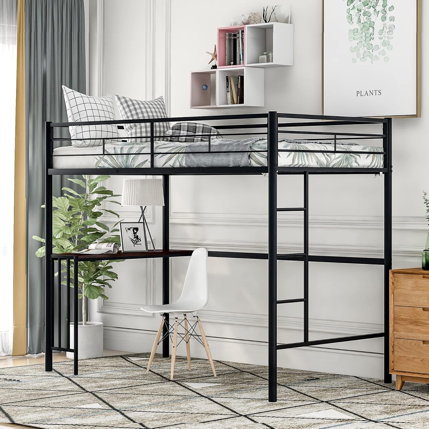 Twin Size Loft Bed, Loft Bed with Desk and Storage Shelves, Metal Twin Size Loft Bed with Desk, No Box Spring Needed (Black)