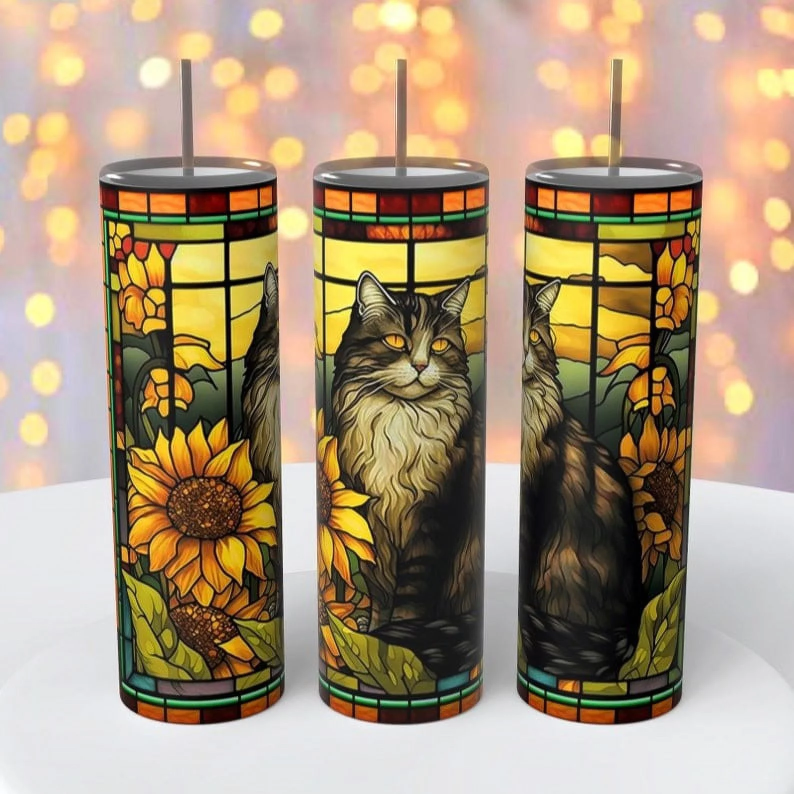 Cat With Sunflowers Stained Glass Look on a 20 ounce sublimated insulated tumbler coffee cup hot old beverages