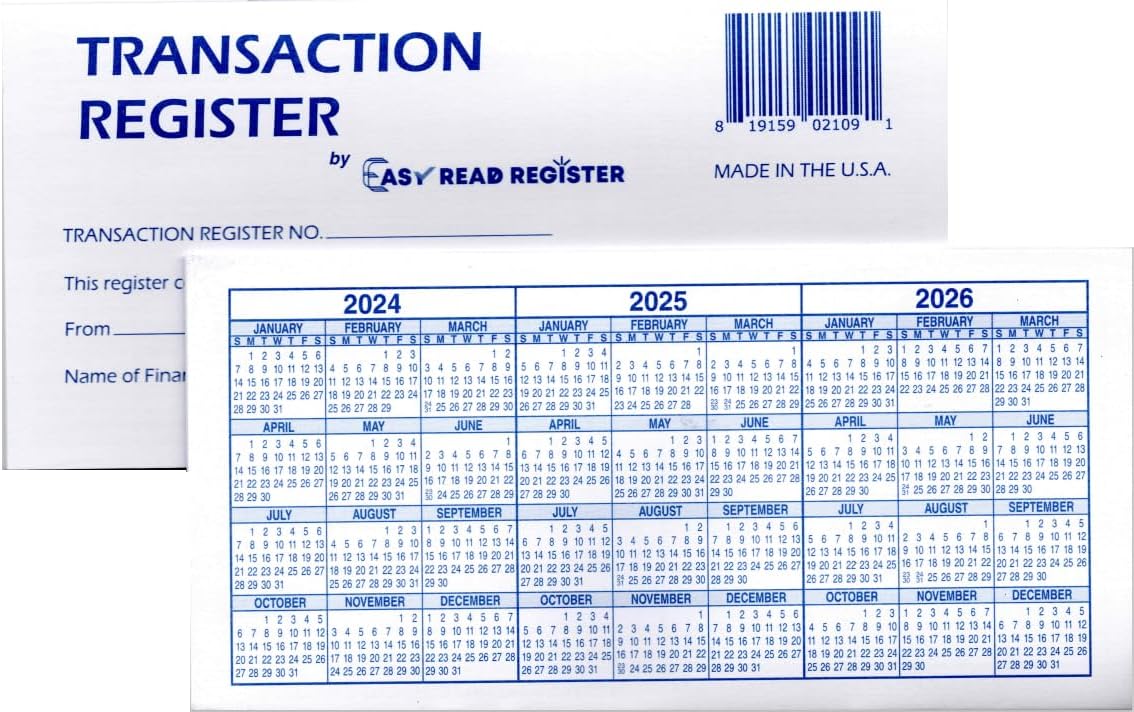 Checkbook Registers, Made in The USA, for Personal Checkbook - Checkbook Ledger Transaction Registers Log for Personal or Business Bank Checking Account (18, 2024/2025/2026 Calendars)