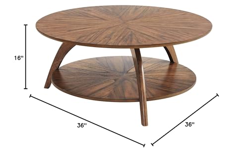 Martin Svensson Home LAX Two-Tone 36-Inch Caramel Brown Round Wood Coffee Table with Walnut Legs with Shelf Storage
