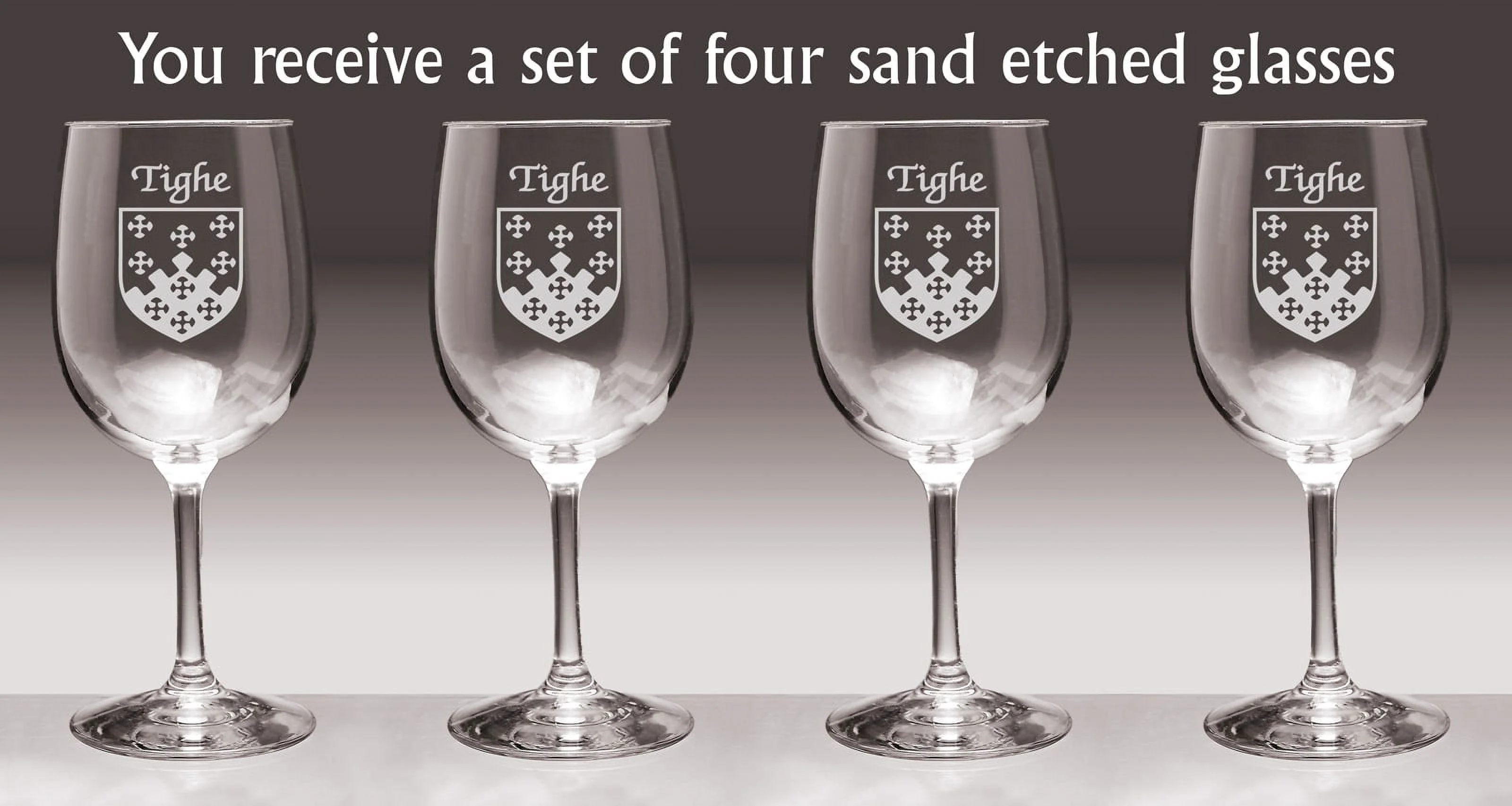 Tighe Irish Coat of Arms Wine Glasses - Set of 4 (Sand Etched)