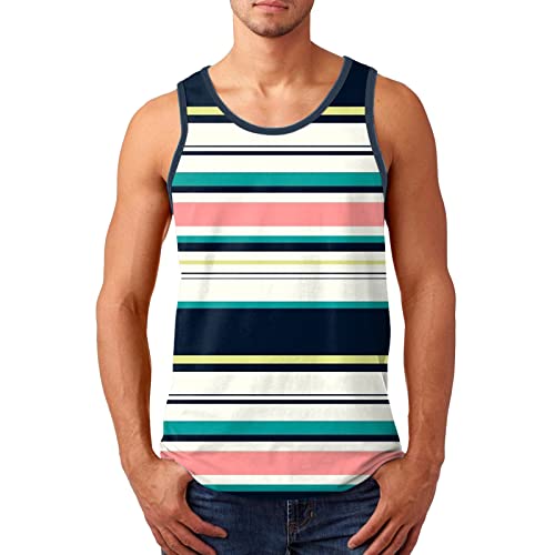 Mens Summer Athletic Tank Tops, Striped Sleeveless Crew Neck Tee Blouses Gym Muscle Tees Sports Workout Shirts