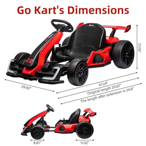 24V Electric Go Kart for Kids，Powerful Drift Kart with Adjustable Seat, 2x150 Motor, 8.5 Mph Speed, 4 Speed Modes, Led Lights, Music, and Honking Horn for Ages 6-12,Red