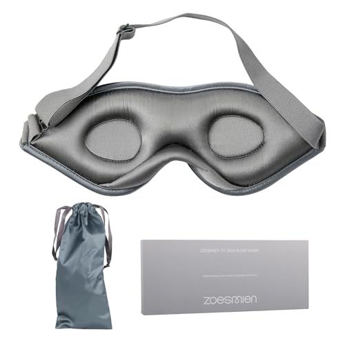 Sleep Mask Silk - 100% Mulberry Silk Eye Mask, ZOESMIEN 3D Contoured Eye Mask for Women Men, Light Blocking Side Sleeper Puffiness Dry Eyes, Unique Nose Bridge Design, Christmas Gift, Night Gray