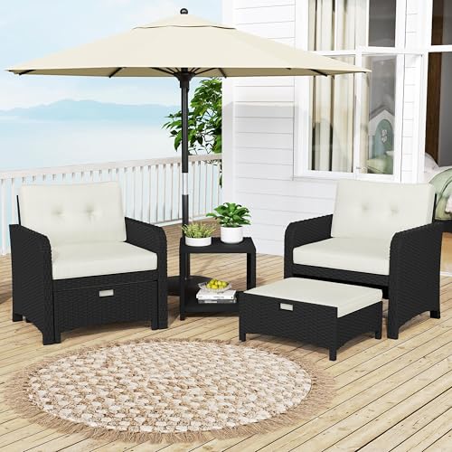 Yaheetech 5 Piece Patio Conversation Set with Ottomans, PE Wicker Balcony Furniture, Rattan Lounge Sofa with Cushions & Pillows, 2 Chairs & Side Table for Backyard, Porch, Garden, Black/Beige