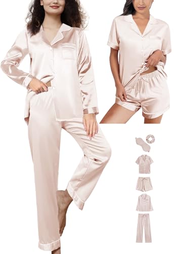 6Pcs Womens Silk Satin Pajamas Set XS-XXL Pajama Sets Pjs Set Button Down Pj Sets Sleepwear Loungewear