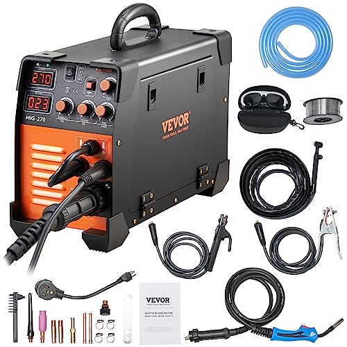 VEVOR MIG Welder, 3 in 1 270 Amp Welding Machine, 110 220V MIG Lift TIG Arc Welder, Portable Lift TIG Welder ARC Welder with IGBT DC Inverter, LCD Digital Display, Welder Torch and Welding Wire