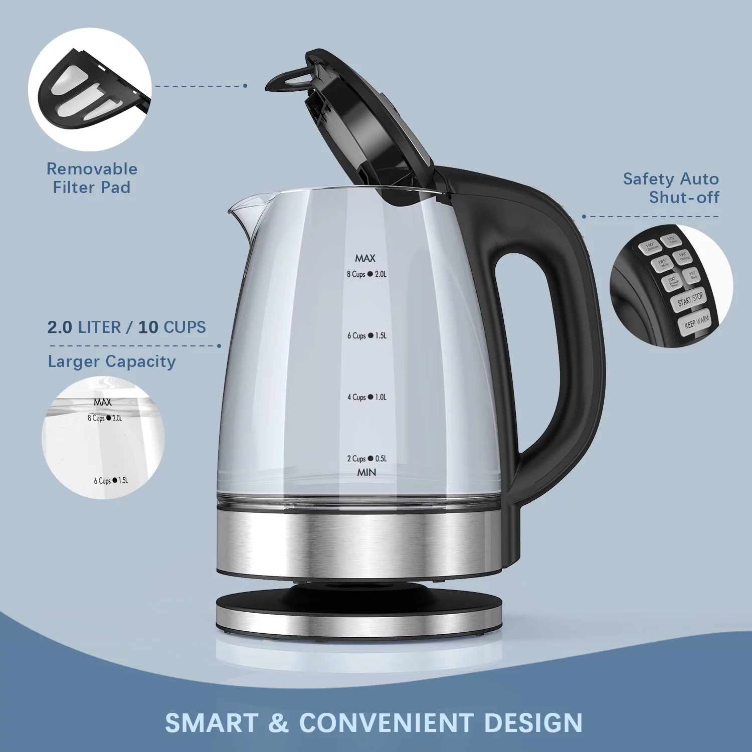 Variable Temperature Electric Kettle, 1200W Electric Tea Kettle, 8 Big Cups 2.0L Glass Electric Kettle with 4Hrs Keep Warm Function & Boil-Dry Protection