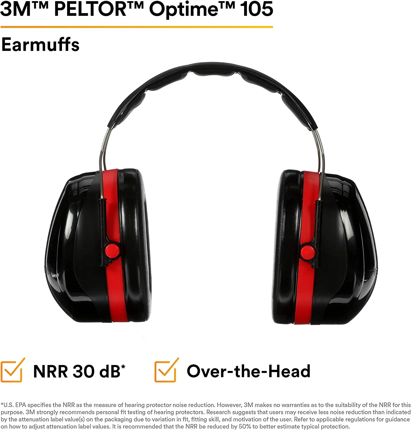 3M 30dB Over-the-Head Ear Muff, Black/Red; ANSI S3.19-1974 H10A