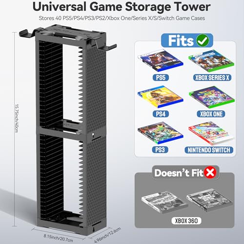 Video Game Disc Rack Tower Storage Holder Stand Universal for PS5/PS4/ XBOX One/Series/ Nintendo Switch Game, DVD/Game Organizer Shelf Display Stand for Wall Mount/ Desk/ Floor with Controller Holder