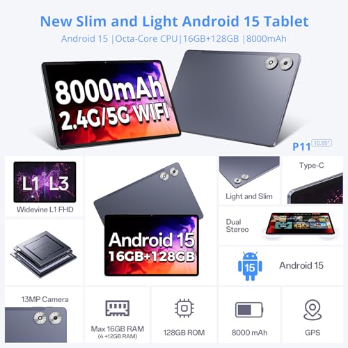 2025 Android 15 Tablet with Keyboard, 16GB+128GB 11 Inch Octa-Core 2-in-1 Tablets Dual Camera 5+13 MP, 5G/2.4G WiFi, 8000mAh, BT5.0, GMS Certified, with Mouse, Case, Stylus, (Gray)
