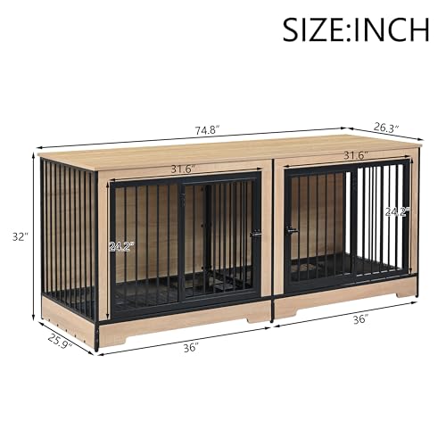XL Double Large Dog Crate Furniture for 2 Dogs, Heavy Duty Dog Crate with Two Combined Rooms for Medium & Large Dogs, Wooden Dog Kennel with Tray & Partition, Metal Dog Cage Furniture, Dog Playpen