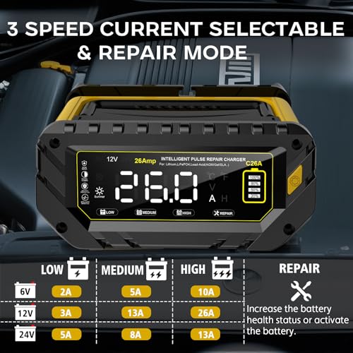 16-Amp Battery Charger, 12V 24V Lithium LiFePO4 Lead Acid Car Battery Charger 10-Stage Trickle Charger Smart Battery Maintainer w/Temp Compensation for Car Truck Lawn Mower Boat Marine