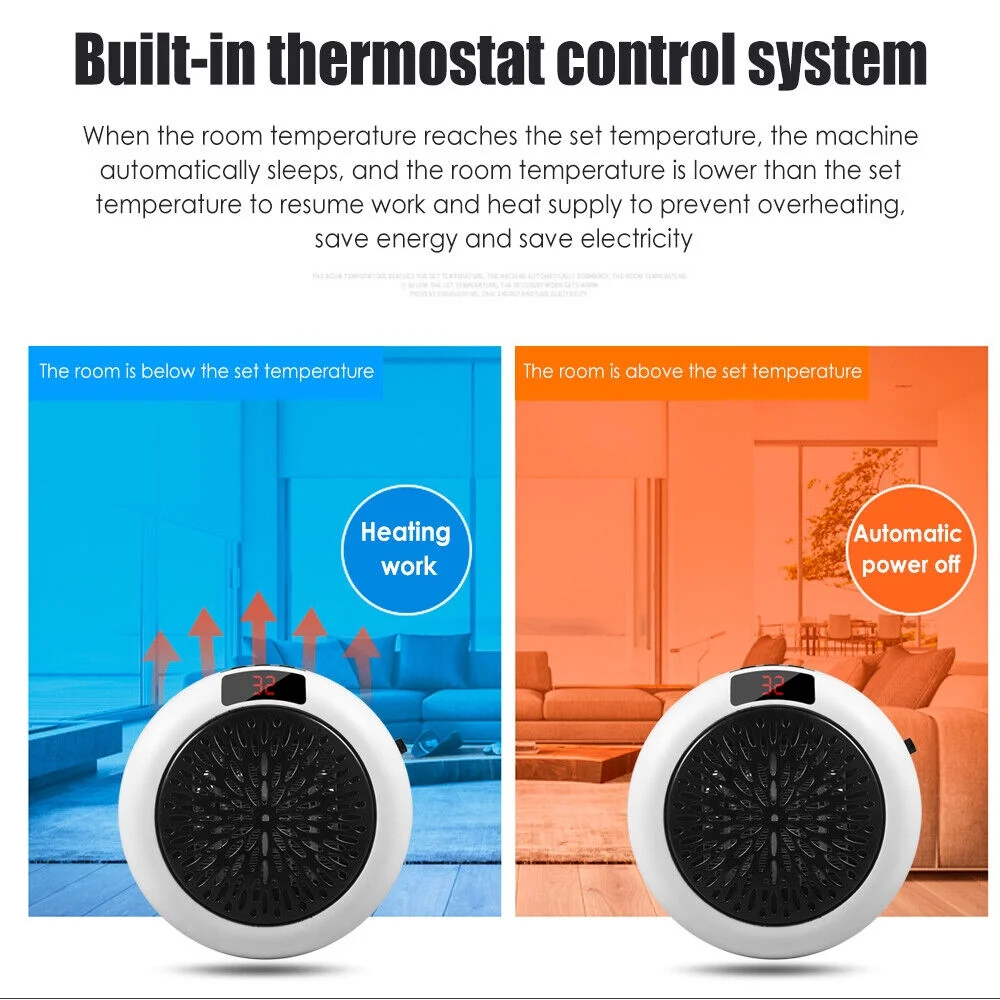 JahyShow Plug-in Electric Heater Fan - 900W Wall Sockets with Remote Timer - Digital Thermostat