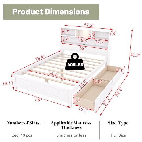 Twin Size Platform Bed with Bookcase Headboard, USB Charging Station and Downlight,Wood Twin Capatain Bed Frames with 2 Storage Drawers,Twin Storage Bed Frames for Kids Girls Boys,White